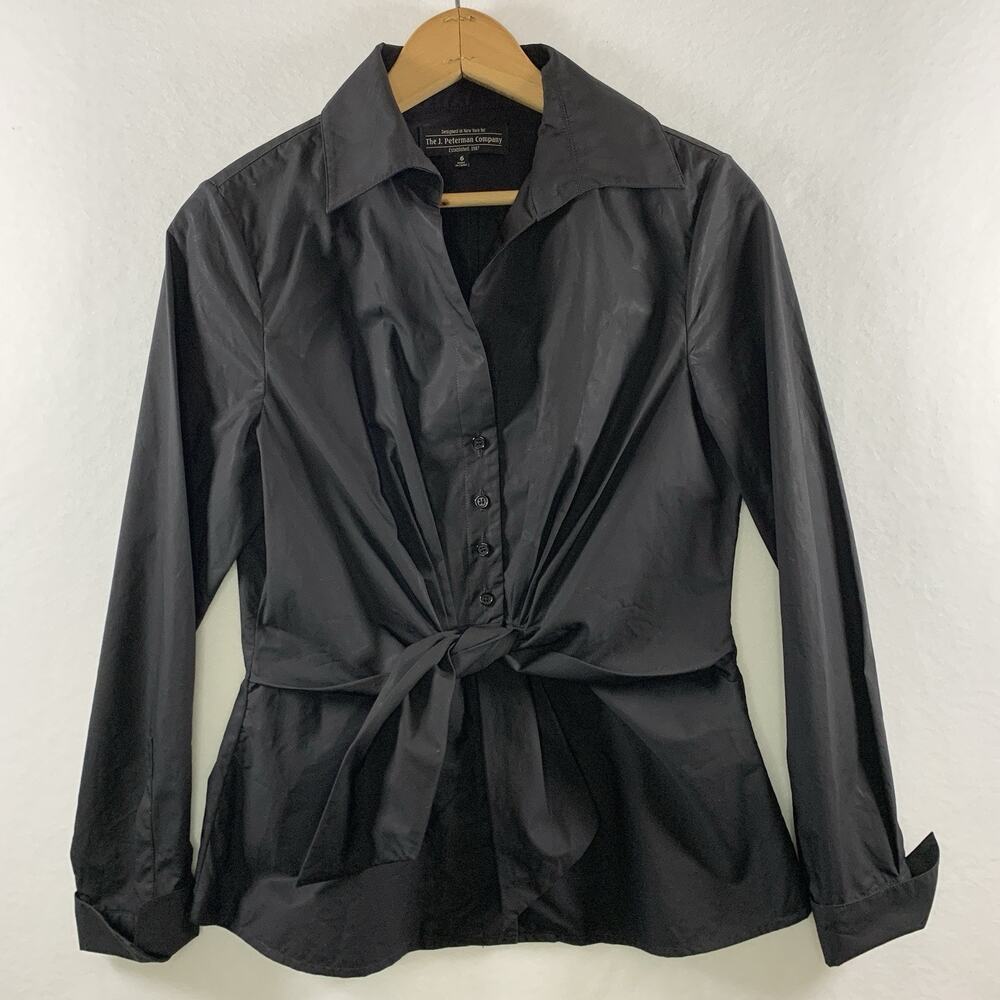 J Peterman Company Womens Button‎ Top Sz 6 Black Tie Front Parisian Office